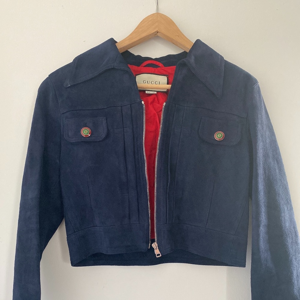 Very limited quantity created Blue Suede Gucci Jacket with beaded tiger